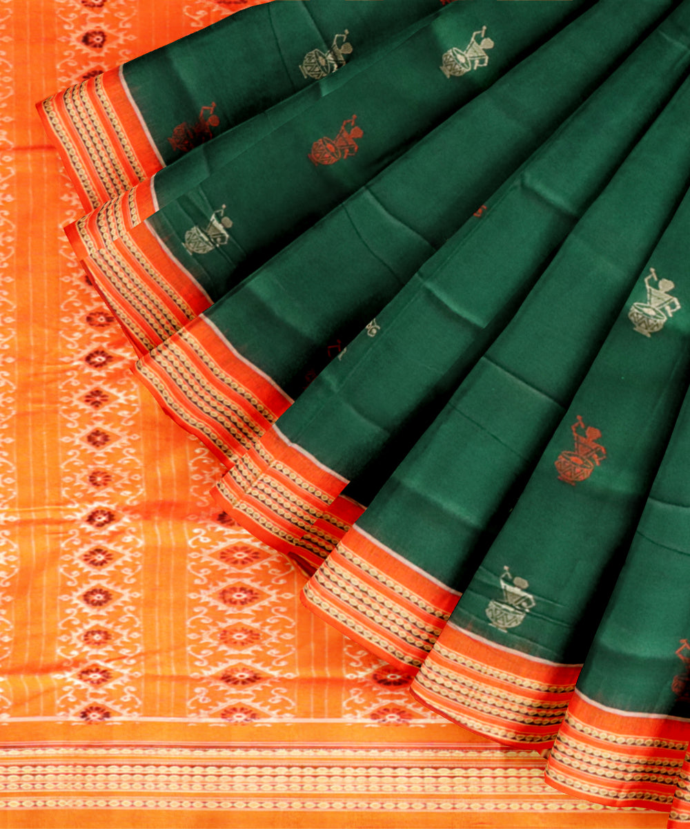 Dark green orange cotton handloom sonepur saree