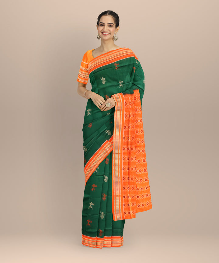 Dark green orange cotton handloom sonepur saree