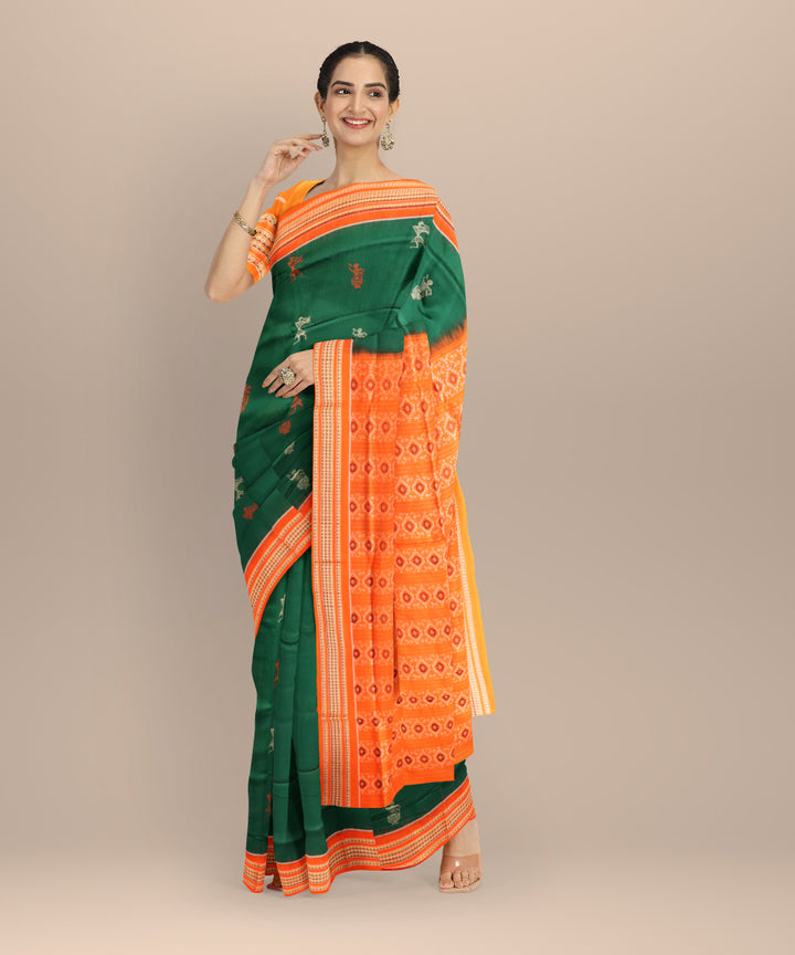 Dark green orange cotton handloom sonepur saree