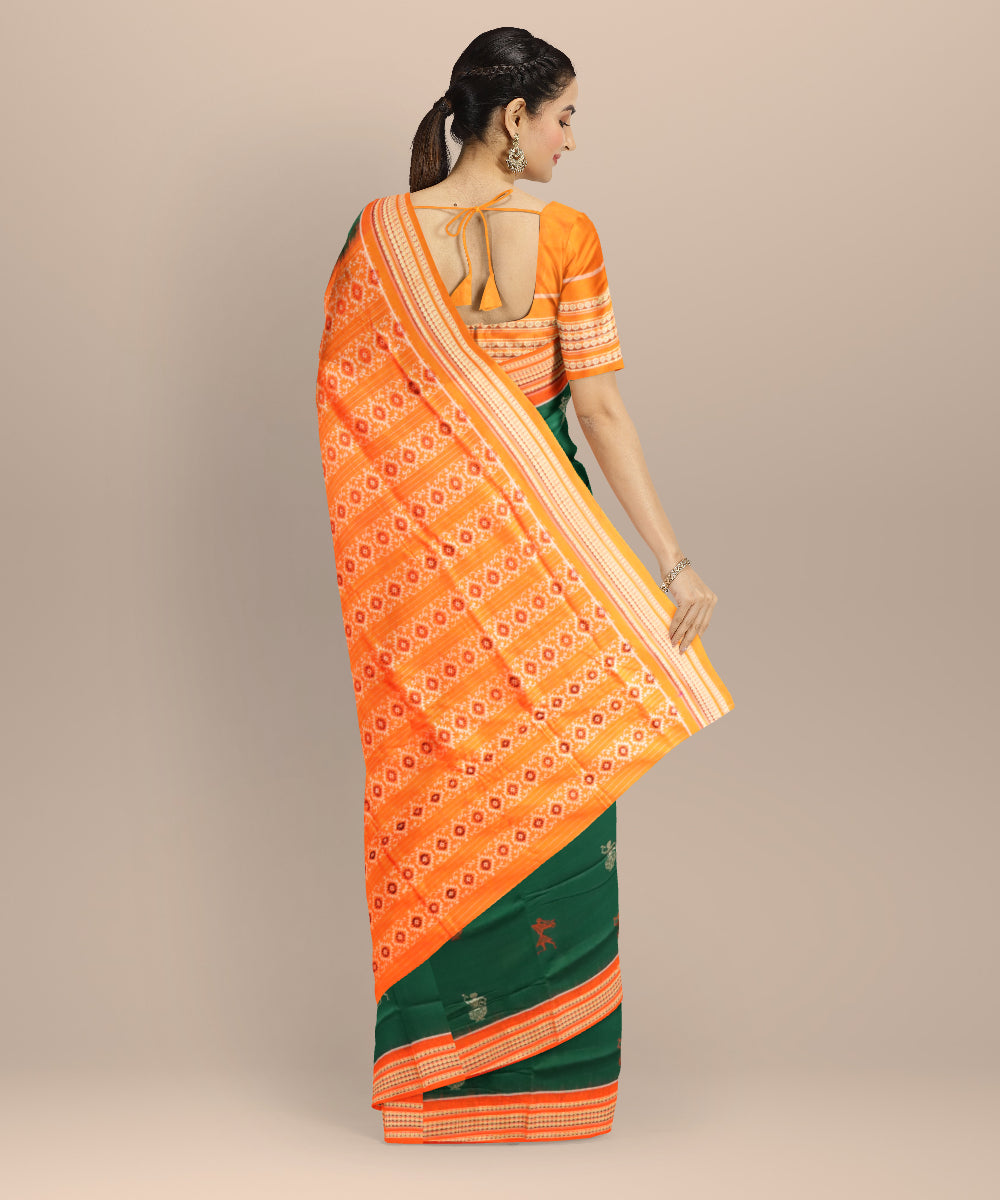 Dark green orange cotton handloom sonepur saree