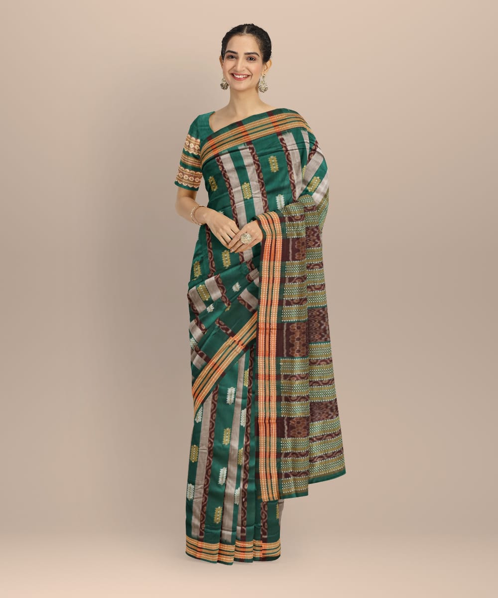 Multicolor dark green cotton handloom sonepur saree