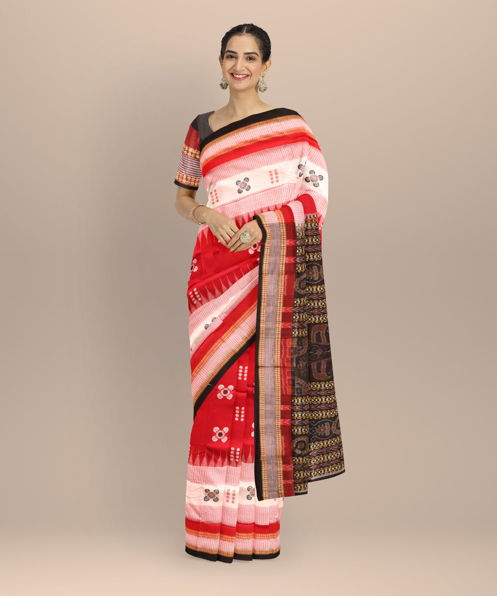 Red black &amp; white cotton handloom sonepur saree