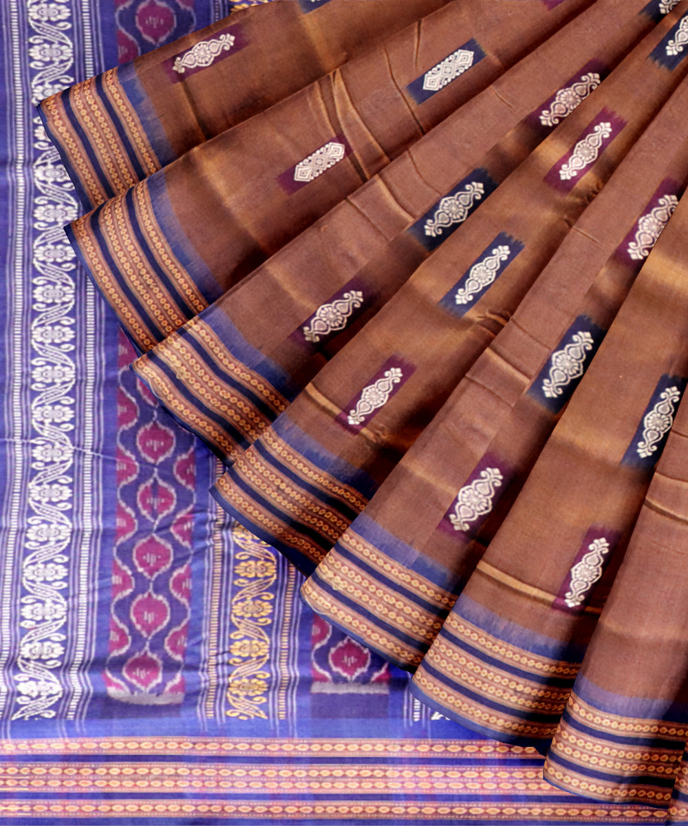 Brown dark blue cotton handloom sonepur saree