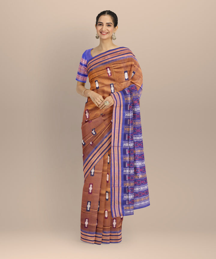 Brown dark blue cotton handloom sonepur saree