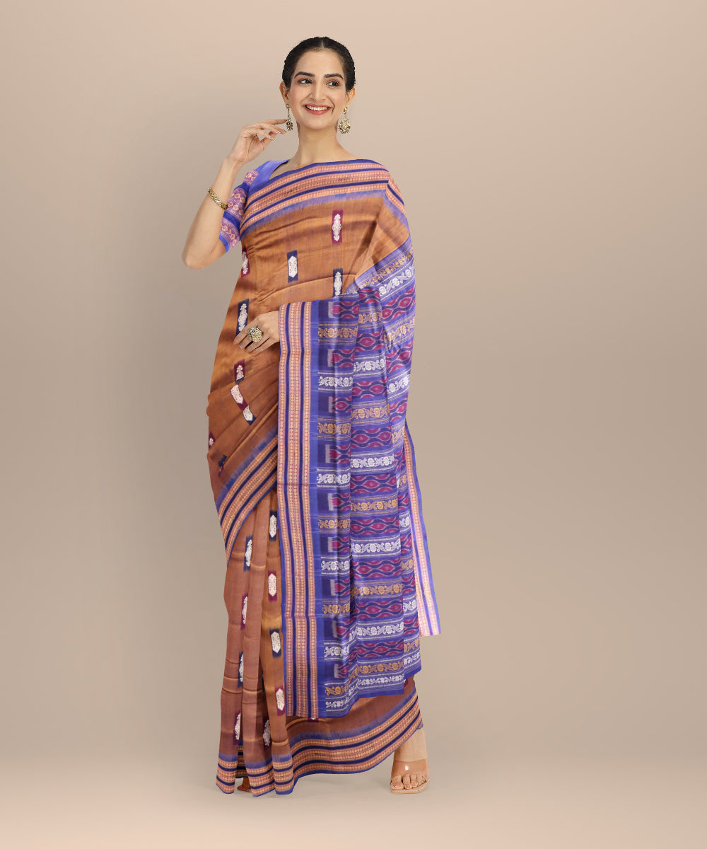 Brown dark blue cotton handloom sonepur saree