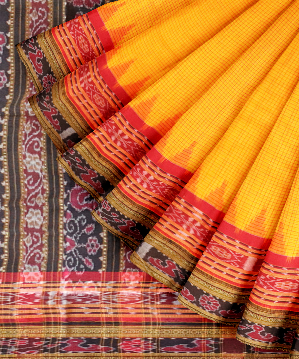 Fluorescent orange black cotton handloom nuapatna saree