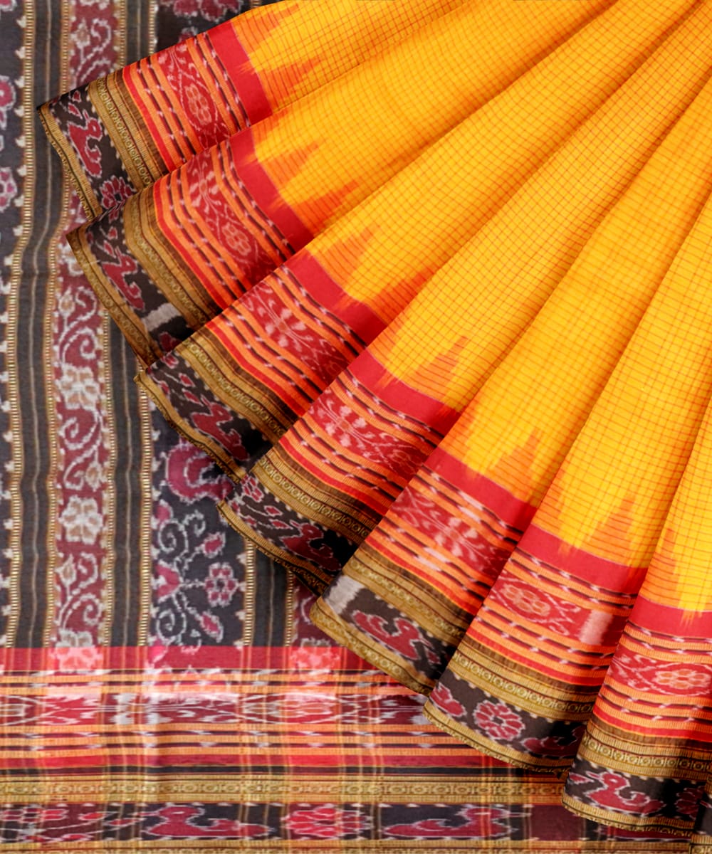 Fluorescent orange black cotton handloom nuapatna saree