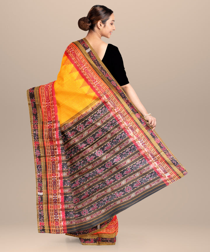 Fluorescent orange black cotton handloom nuapatna saree
