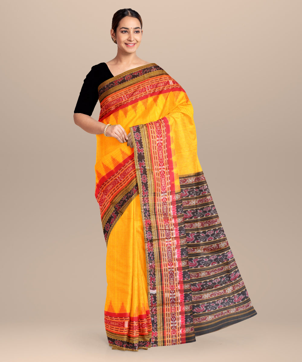 Fluorescent orange black cotton handloom nuapatna saree