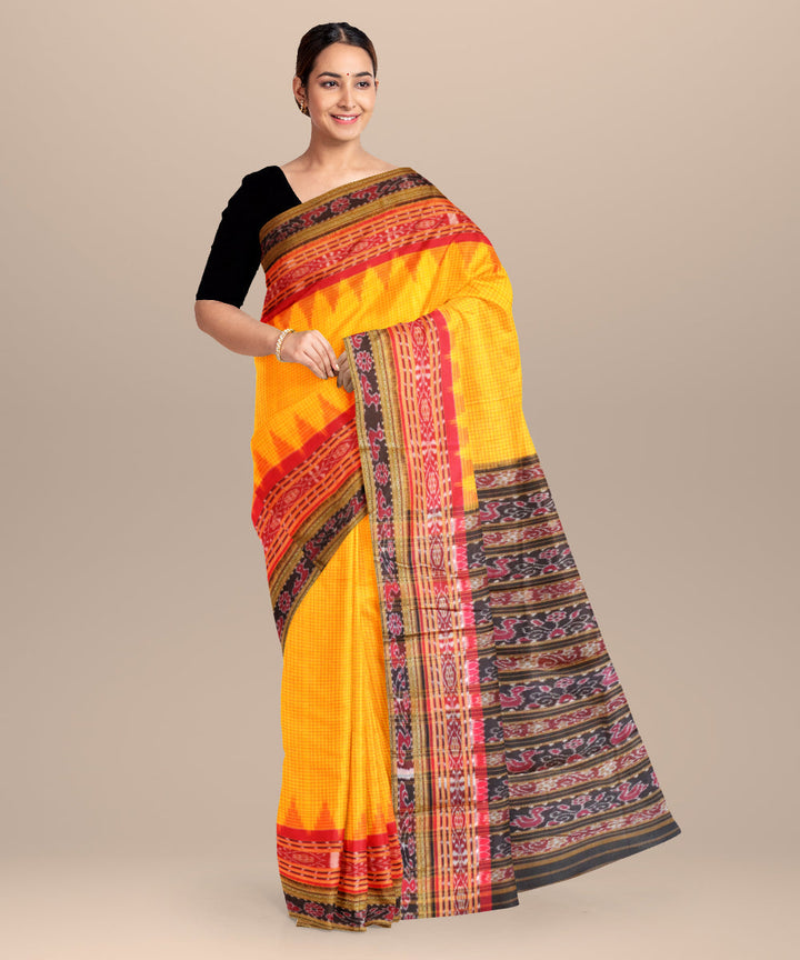 Fluorescent orange black cotton handloom nuapatna saree
