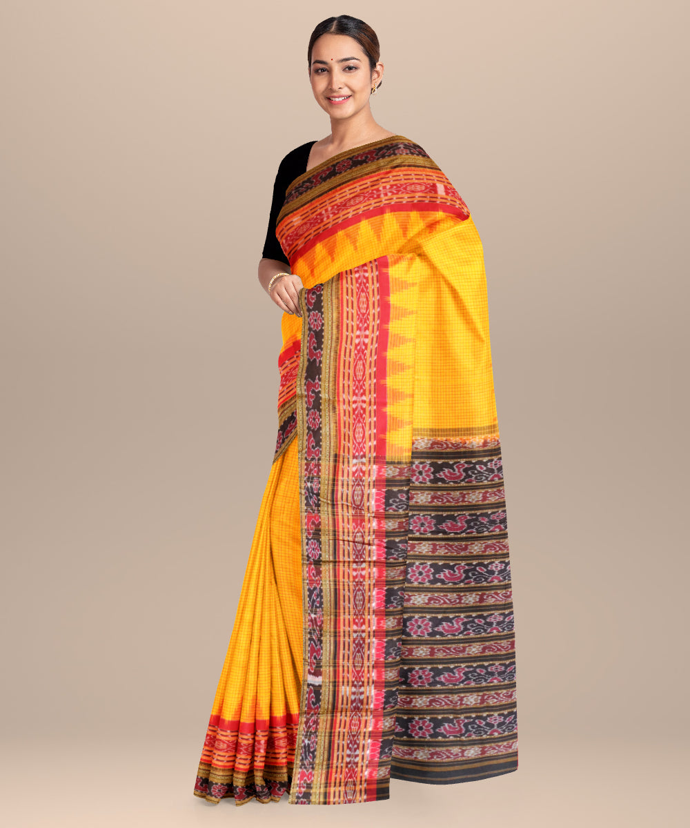 Fluorescent orange black cotton handloom nuapatna saree