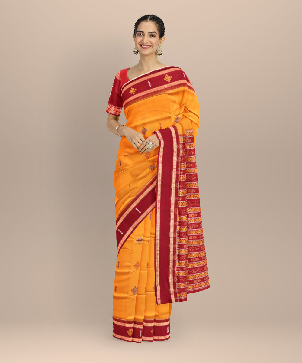 Mustard maroon cotton handloom sonepur saree