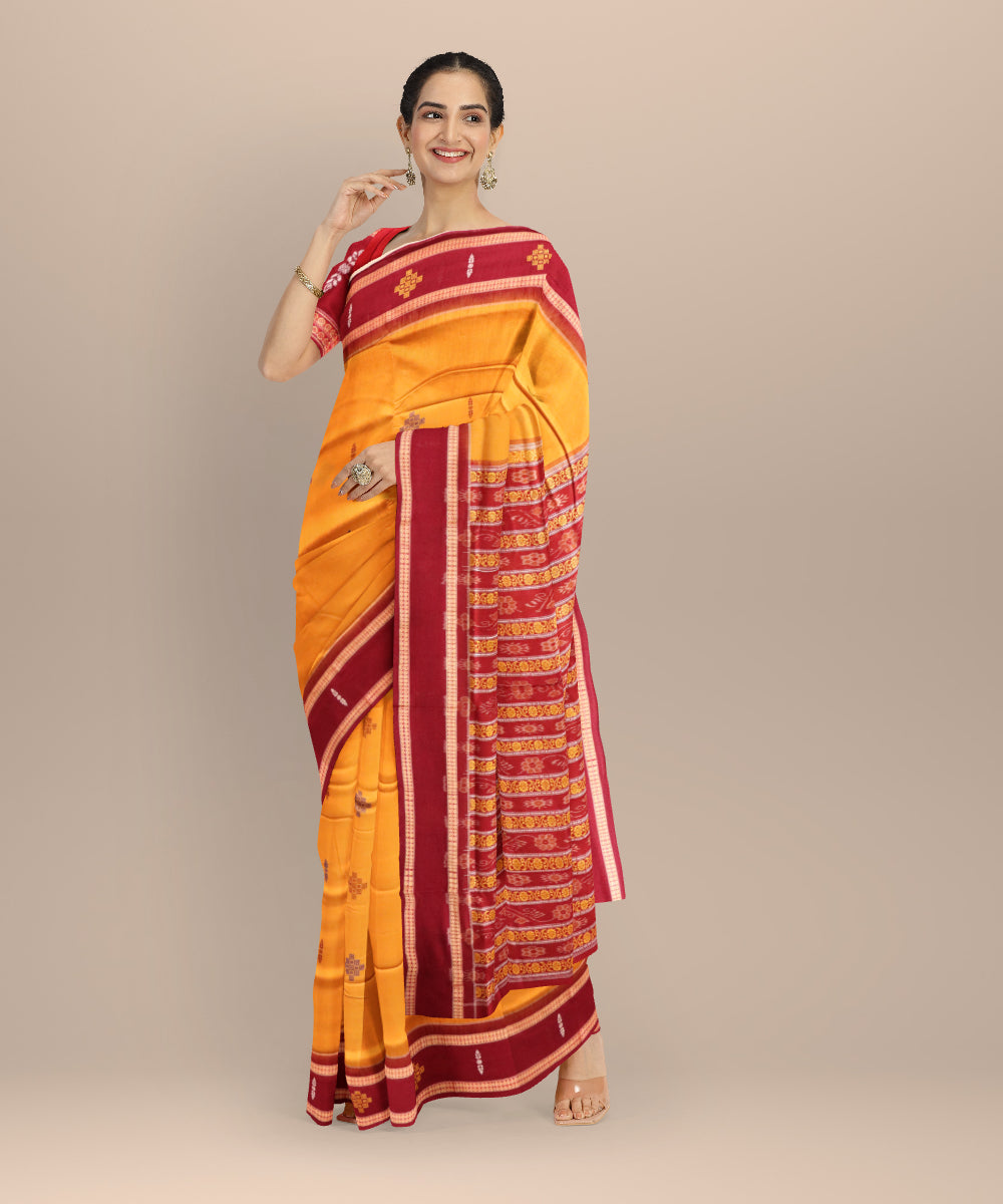 Mustard maroon cotton handloom sonepur saree