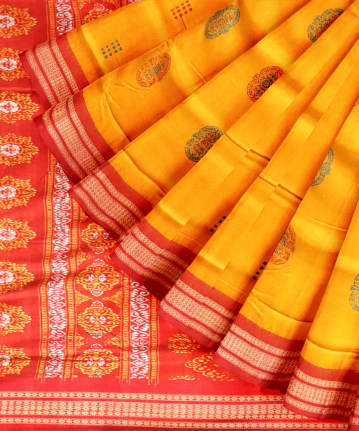 Yellow dark red cotton handloom sonepur saree
