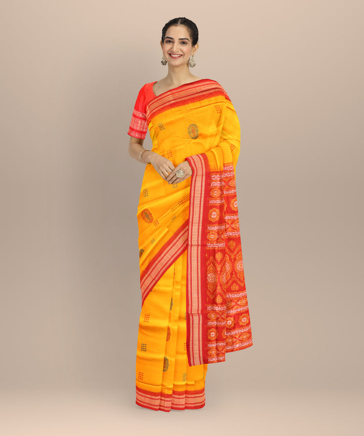 Yellow dark red cotton handloom sonepur saree