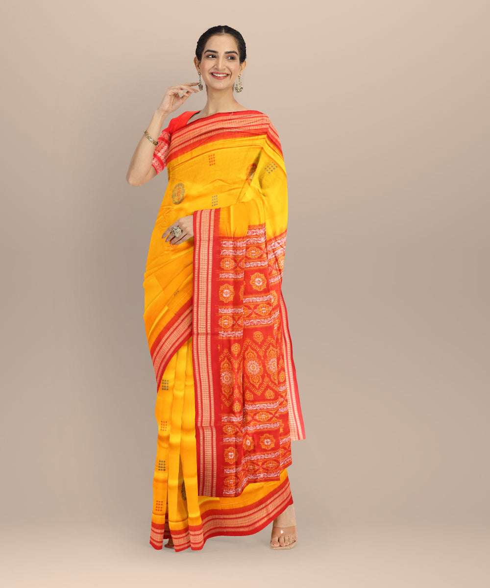 Yellow dark red cotton handloom sonepur saree