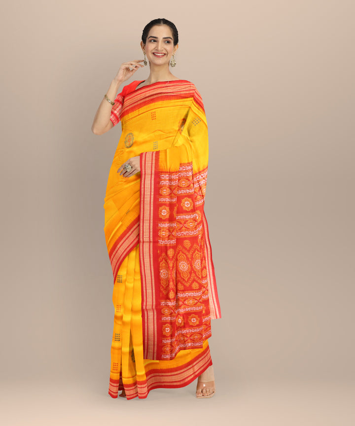 Yellow dark red cotton handloom sonepur saree