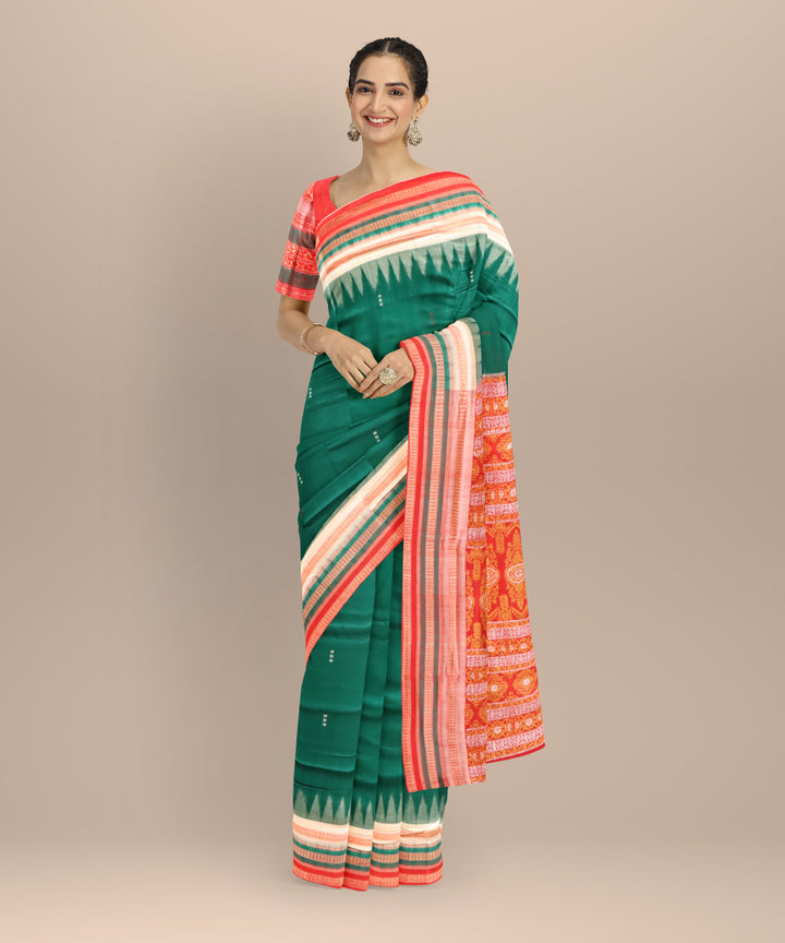 Dark green multi colour cotton handloom sonepur saree