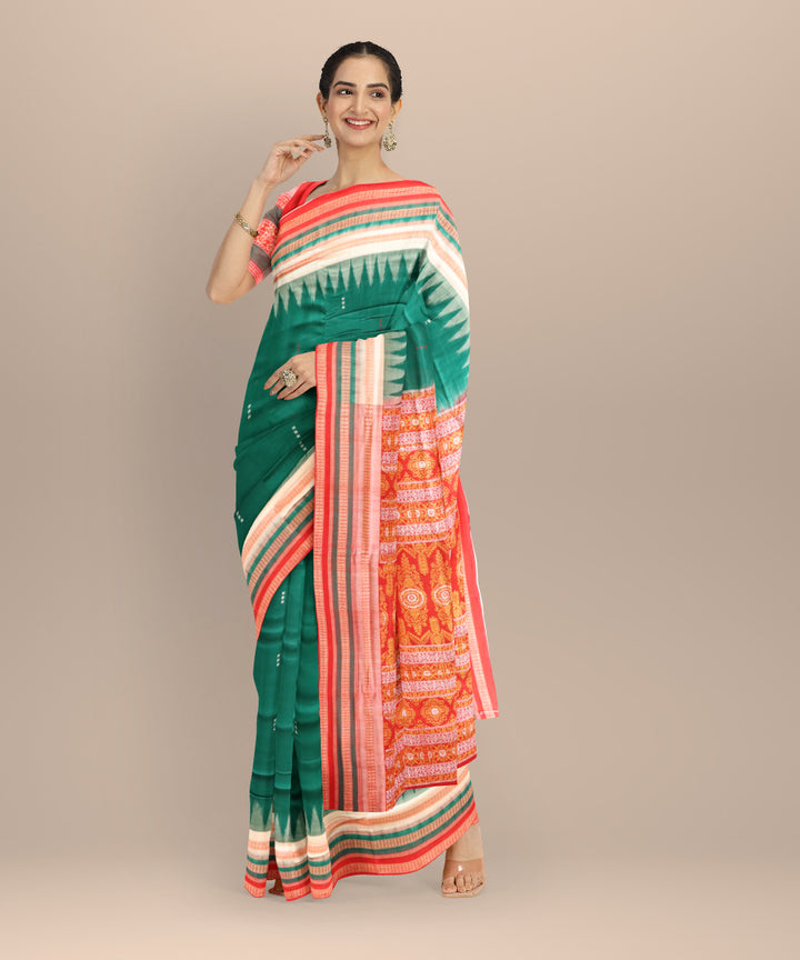 Dark green multi colour cotton handloom sonepur saree