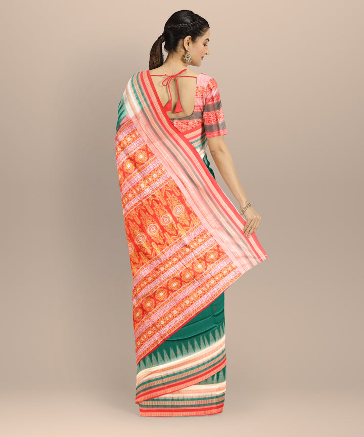 Dark green multi colour cotton handloom sonepur saree