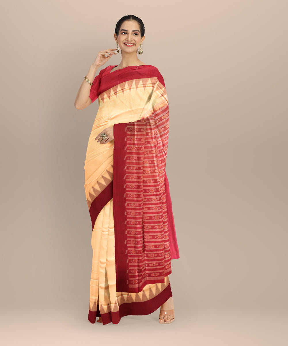 Beige maroon cotton handloom sambalpuri saree