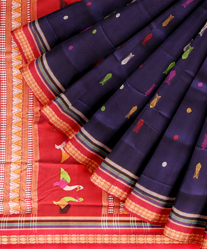 Sky blue red cotton handloom sonepur saree