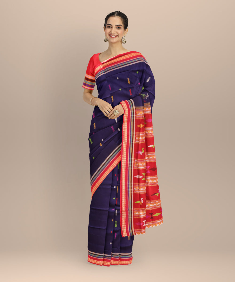 Sky blue red cotton handloom sonepur saree