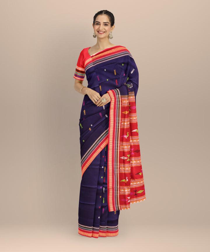 Sky blue red cotton handloom sonepur saree