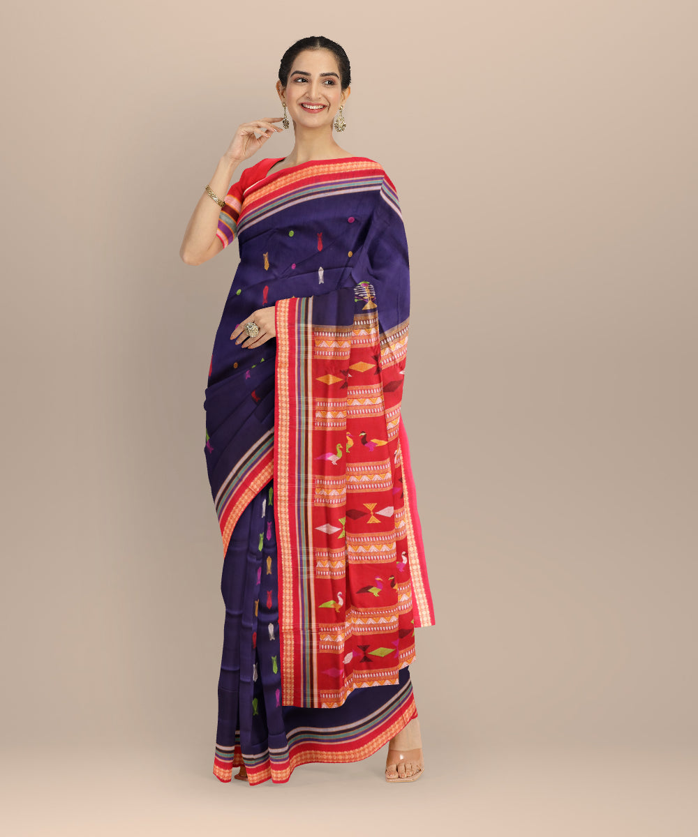 Sky blue red cotton handloom sonepur saree