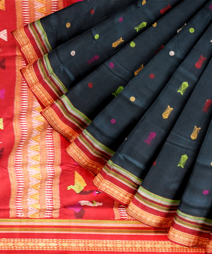 Cyan blue red cotton handloom sonepur saree