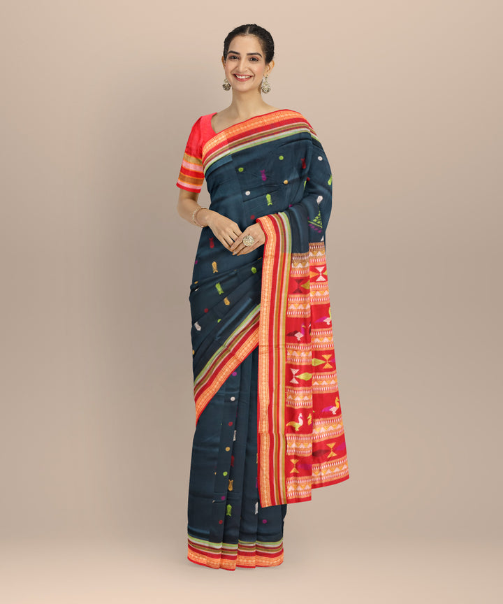 Cyan blue red cotton handloom sonepur saree