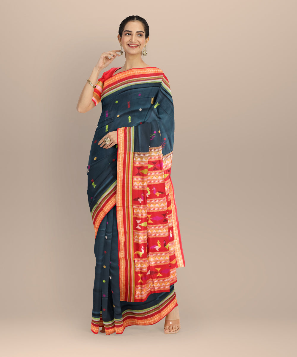 Cyan blue red cotton handloom sonepur saree