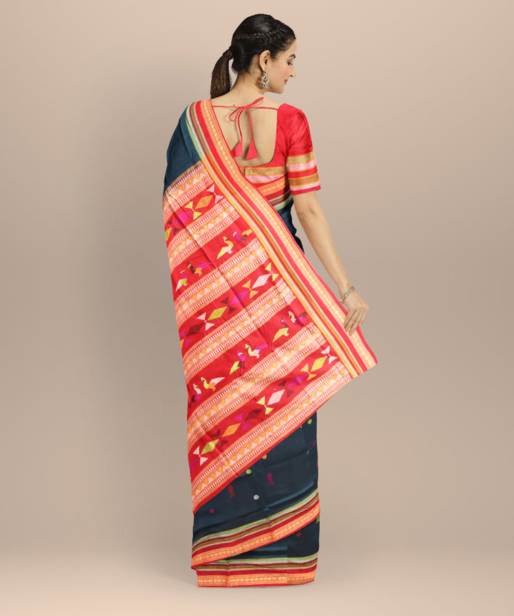 Cyan blue red cotton handloom sonepur saree