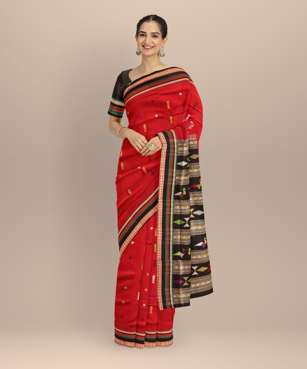 Red black cotton handloom sonepur saree