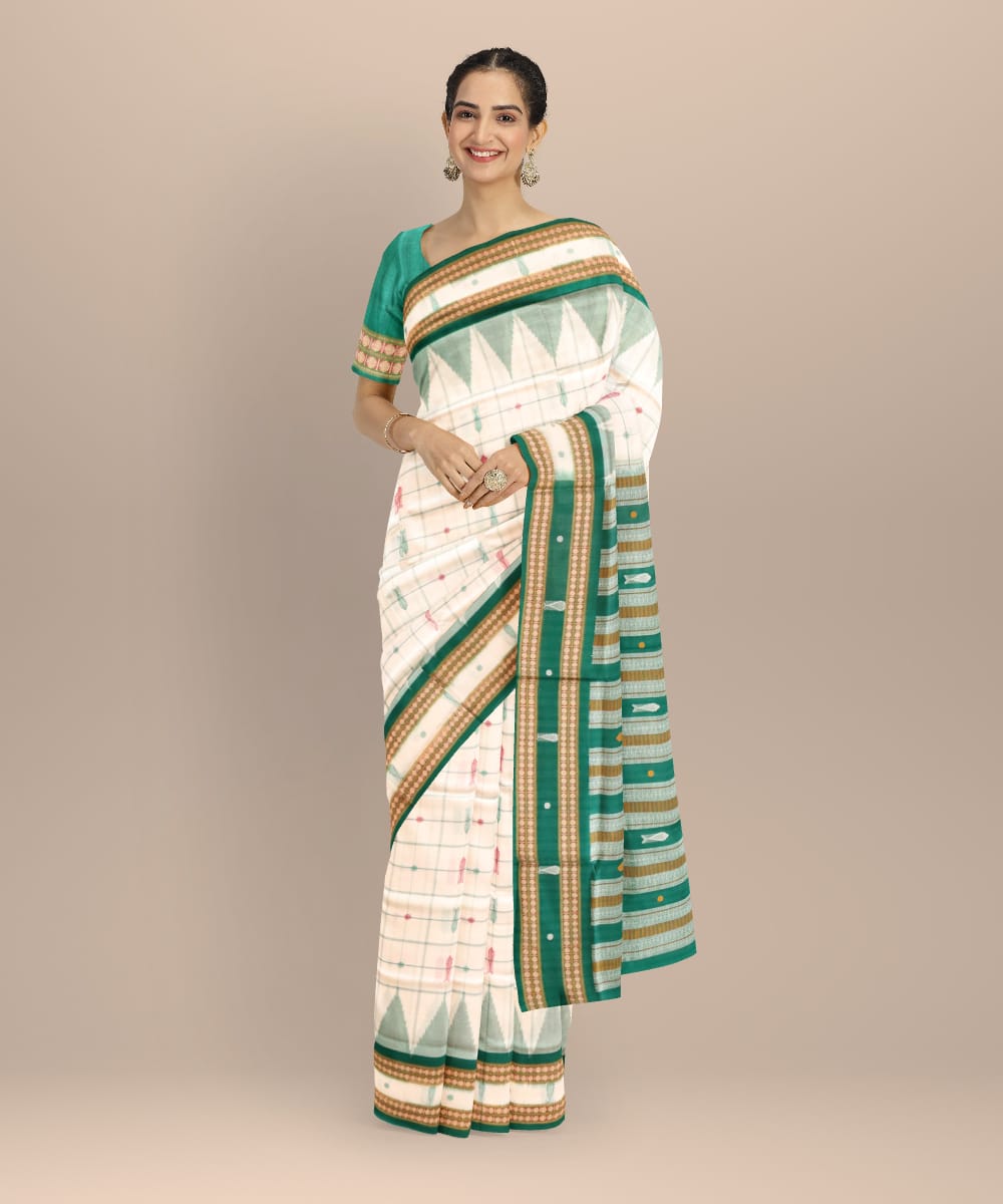 White drak green cotton handloom sonepur saree