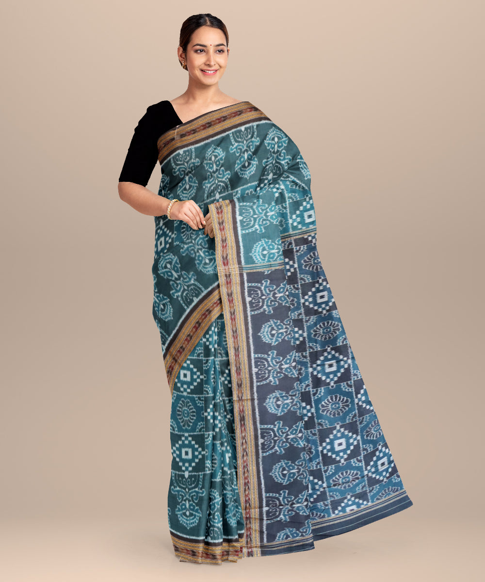 Turquoise black cotton handloom nuapatna saree