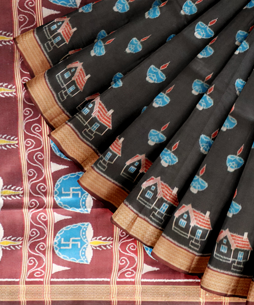 Black maroon bean silk handloom khandua saree