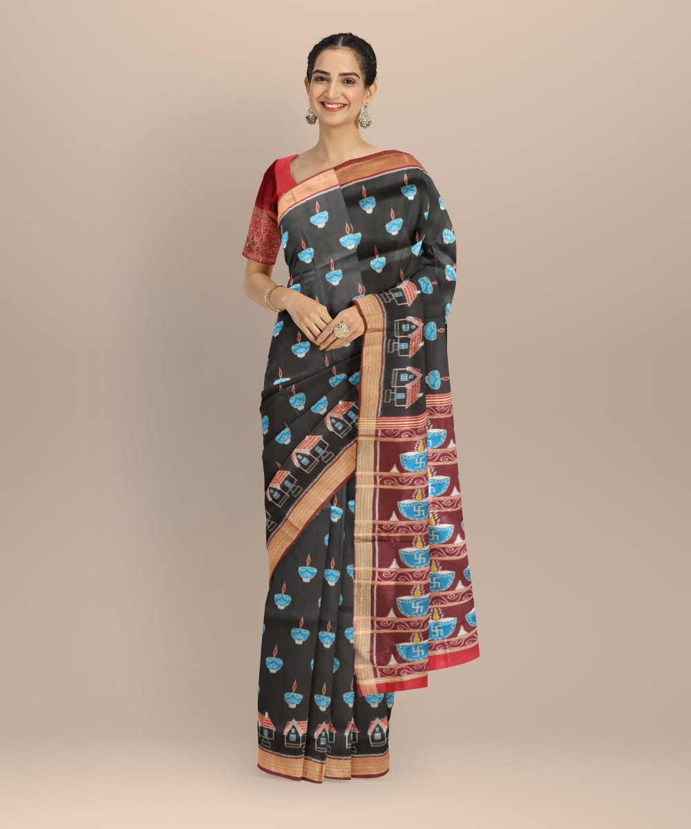 Black Maroon Bean Silk Handloom Khandua Saree