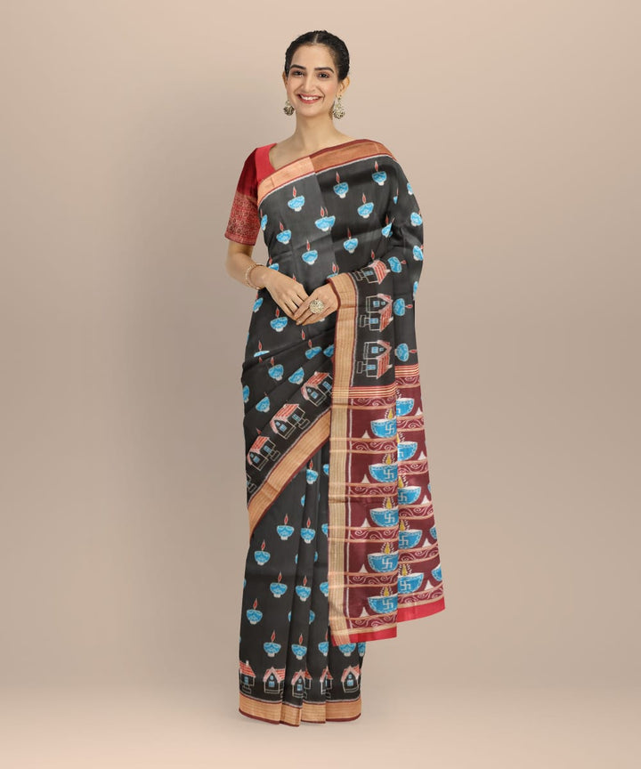 Black Maroon Bean Silk Handloom Khandua Saree
