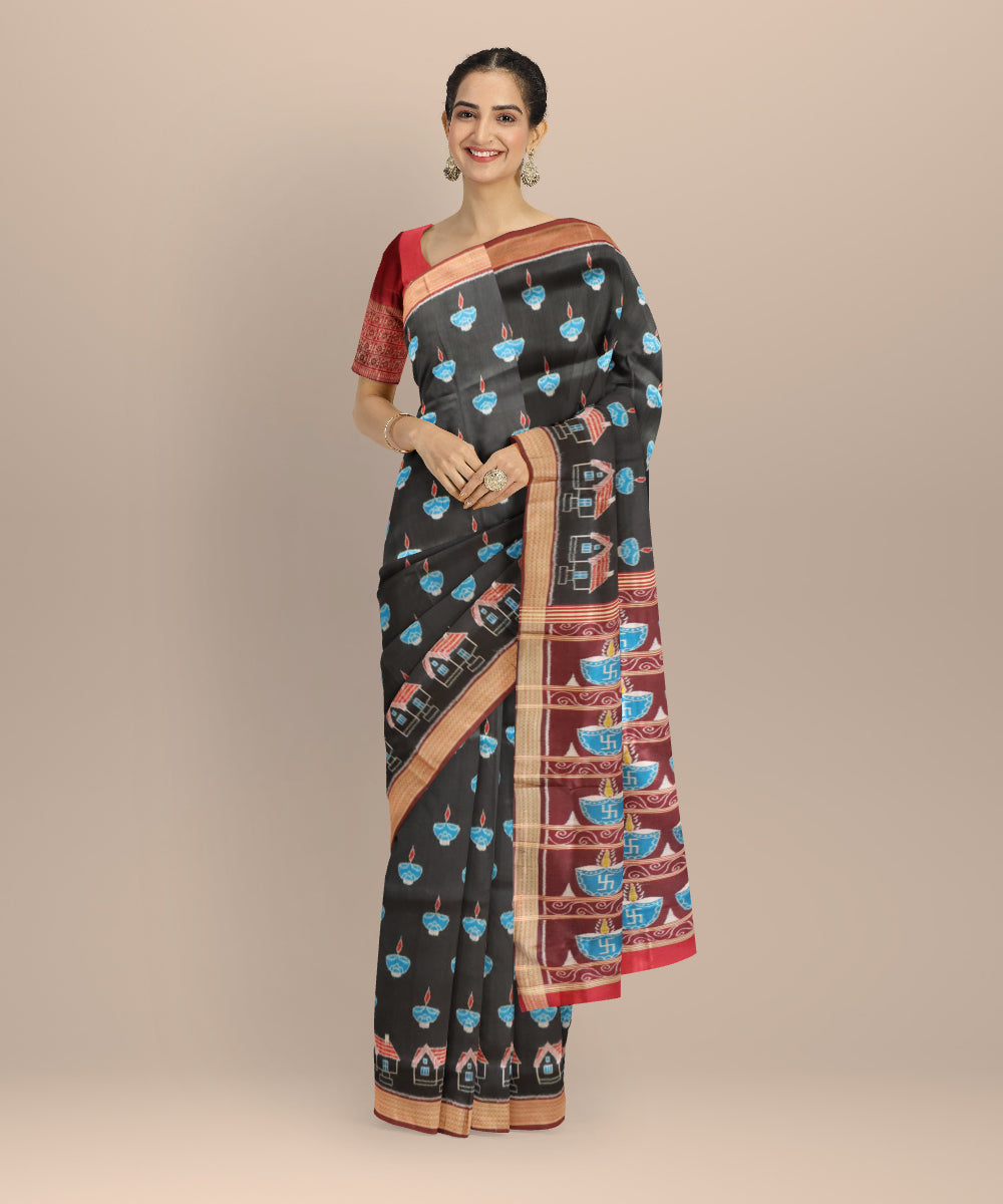 Black maroon bean silk handloom khandua saree