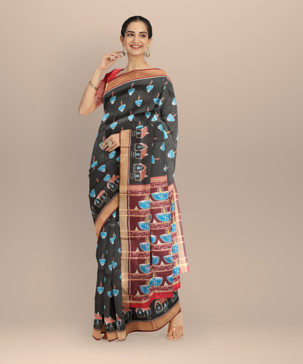 Black maroon bean silk handloom khandua saree