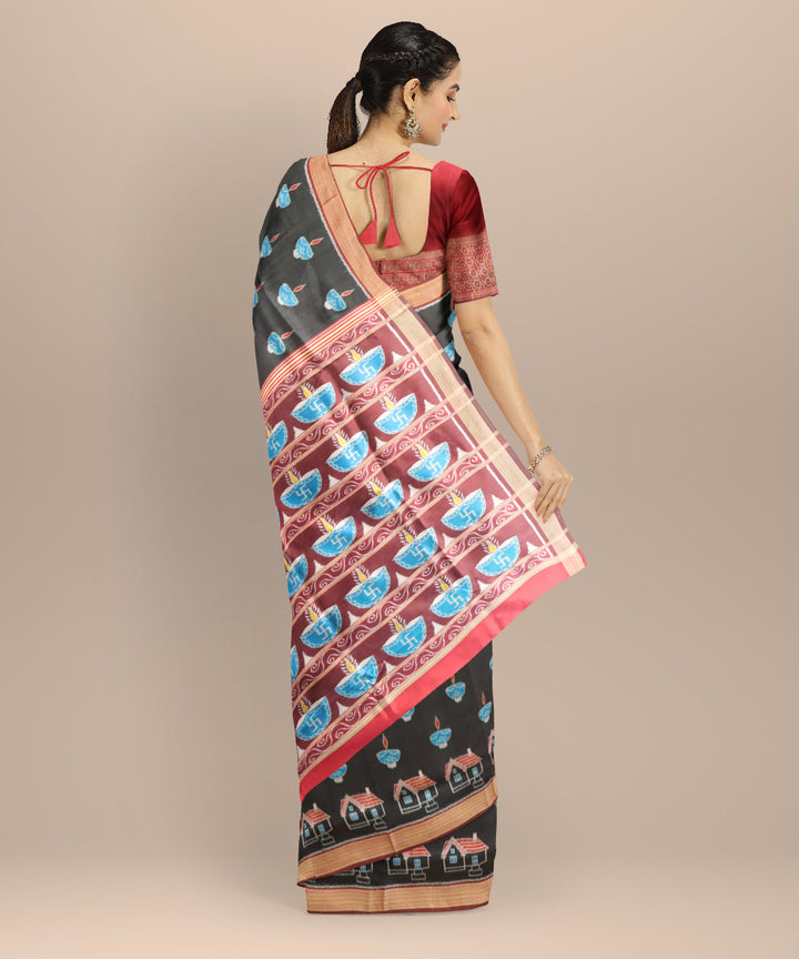 Black maroon bean silk handloom khandua saree