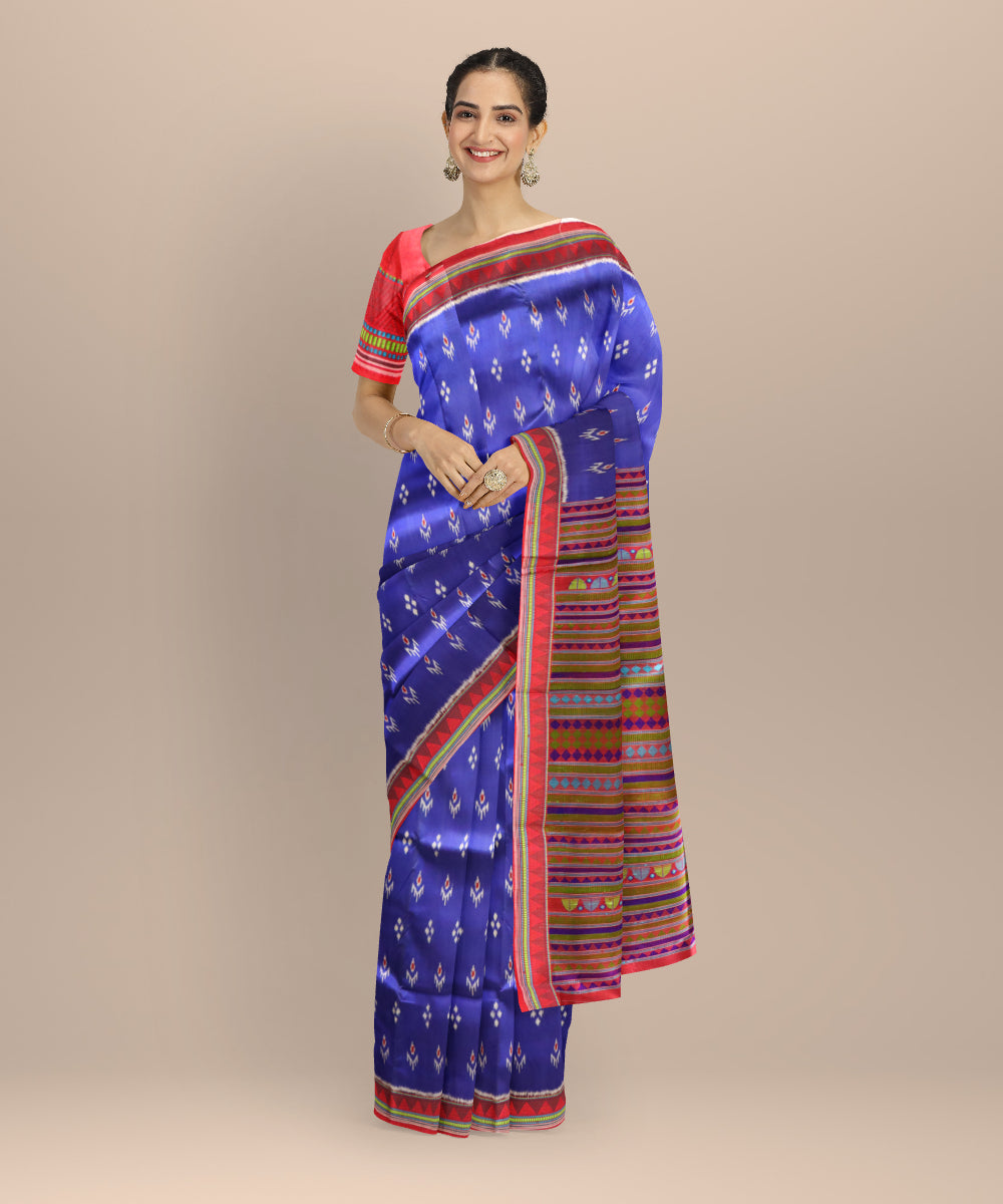 Sky blue dark red silk handloom khandua saree