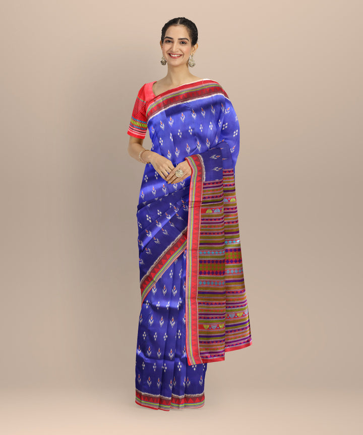 Sky blue dark red silk handloom khandua saree