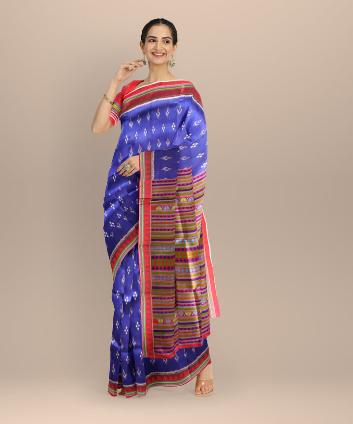 Sky blue dark red silk handloom khandua saree