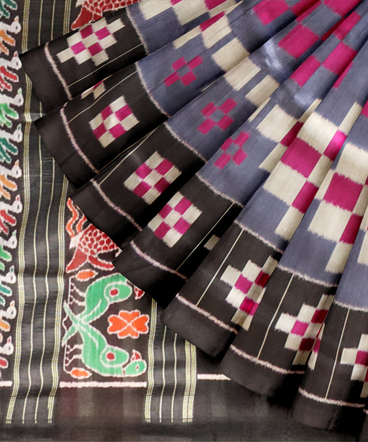 Grey black silk handloom khandua saree