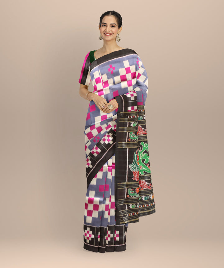 Grey black silk handloom khandua saree