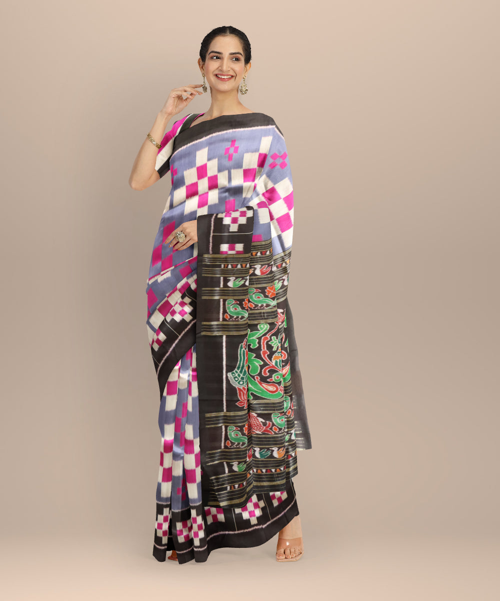Grey black silk handloom khandua saree