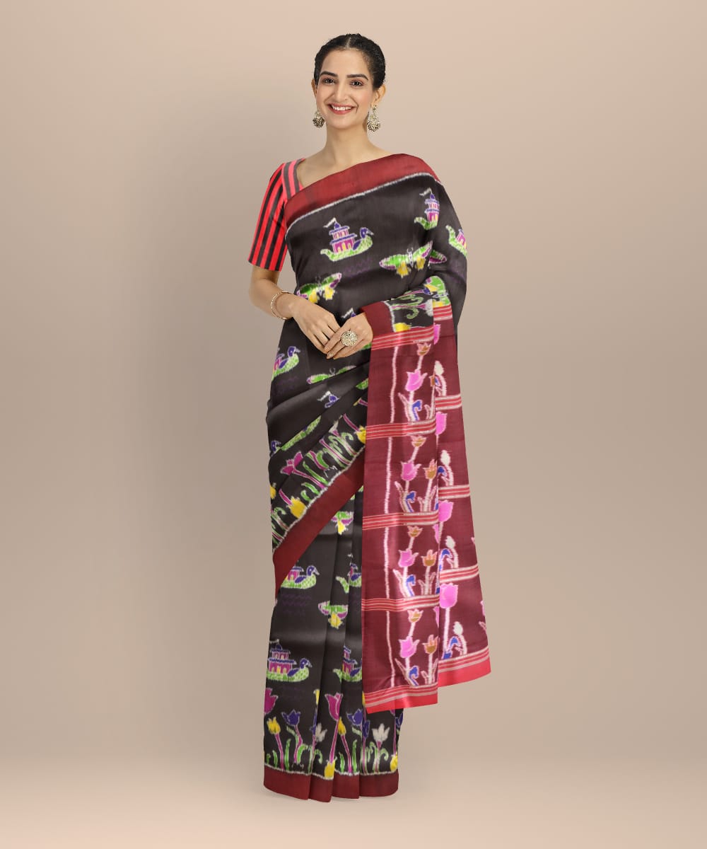 Black Black Bean Silk Handloom Khandua Saree