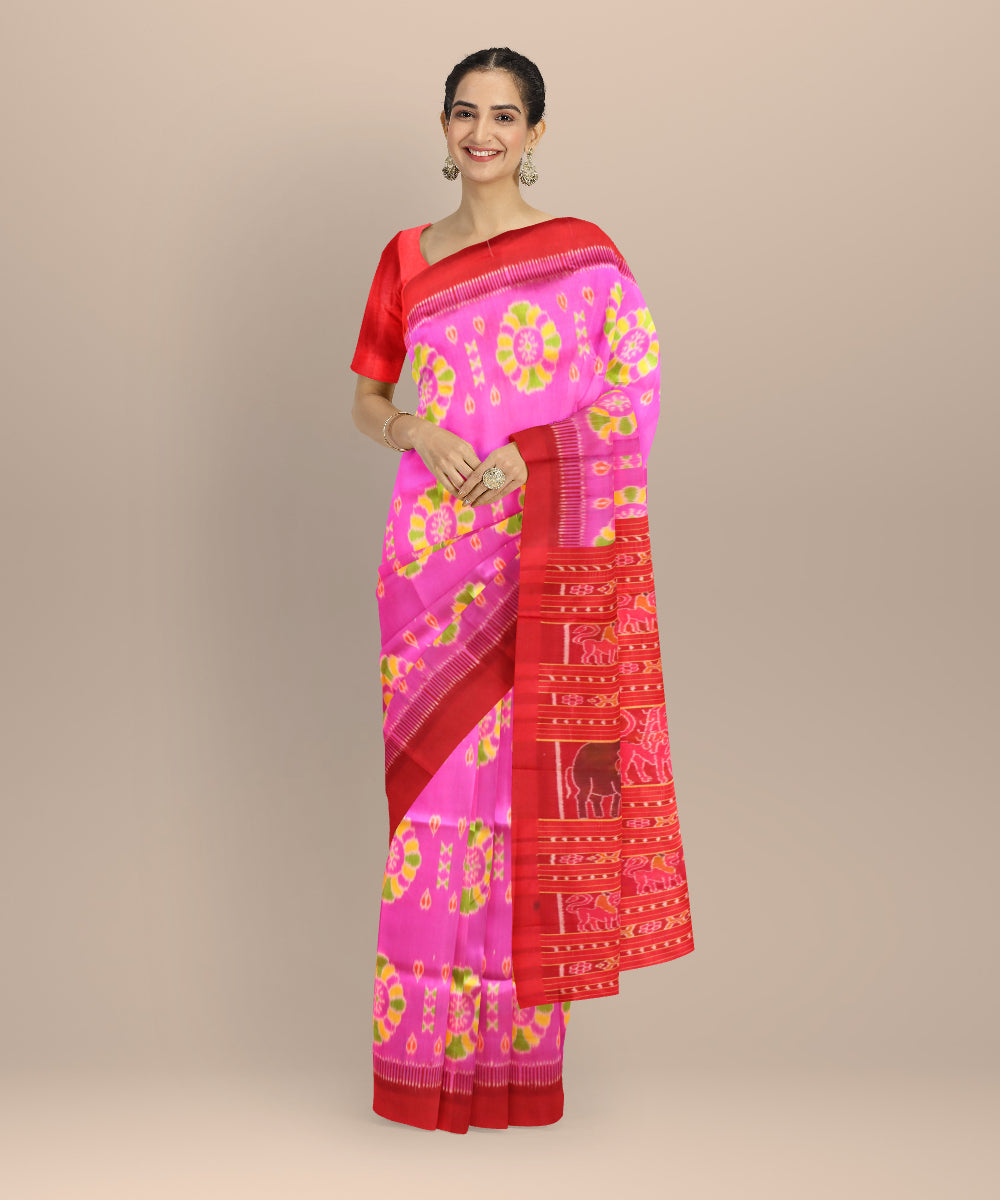 Pink dark red silk handloom khandua saree